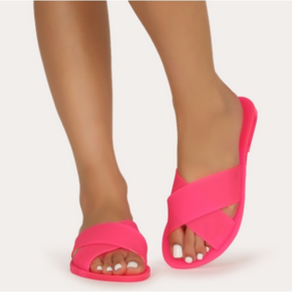 Cupid Neon Pink Criss Cross Jelly Slide Sandal